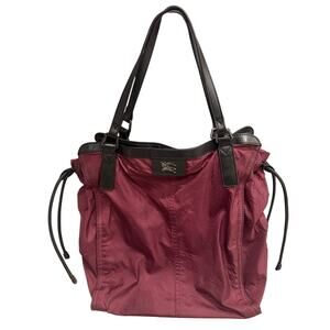 Burberry Burgundy  Nylon Cinch Tote Bag with Leather Trim